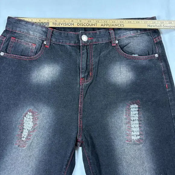 Mens Black Distressed Jeans Size 38 Slim Fit Red Stitch Grunge Streetwear NWT Y